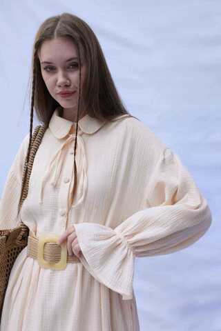 Bebe Yaka Katlı Elbise Krem - 7