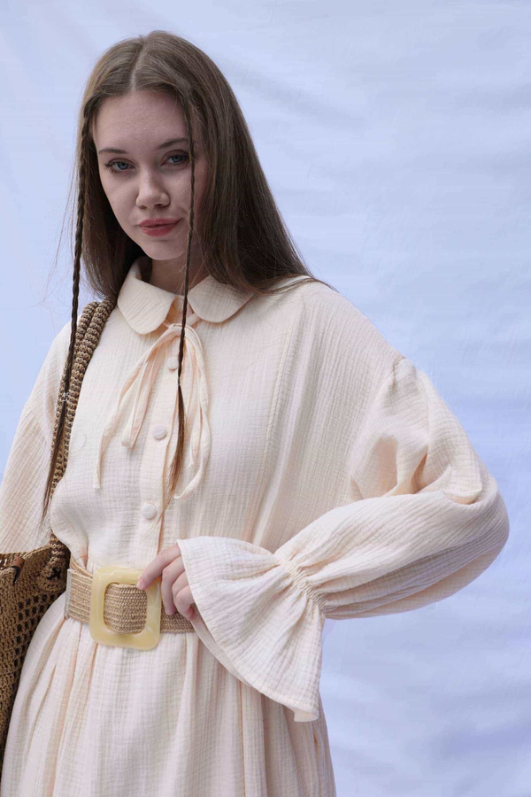 Bebe Yaka Katlı Elbise Krem - 7