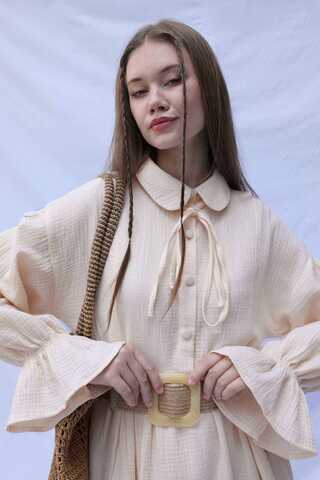 Bebe Yaka Katlı Elbise Krem - 1