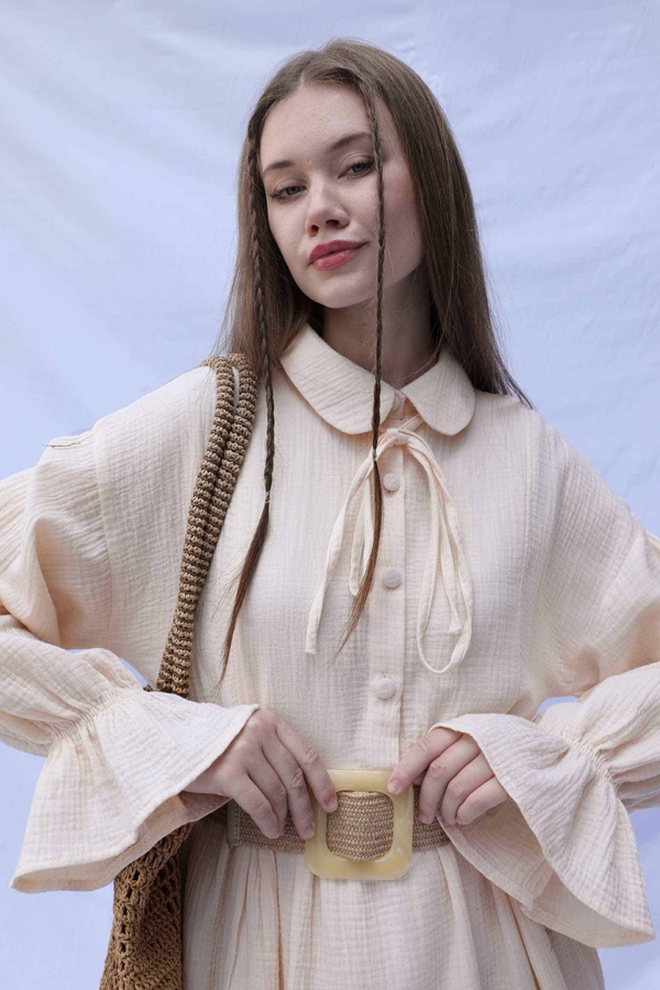 Bebe Yaka Katlı Elbise Krem 