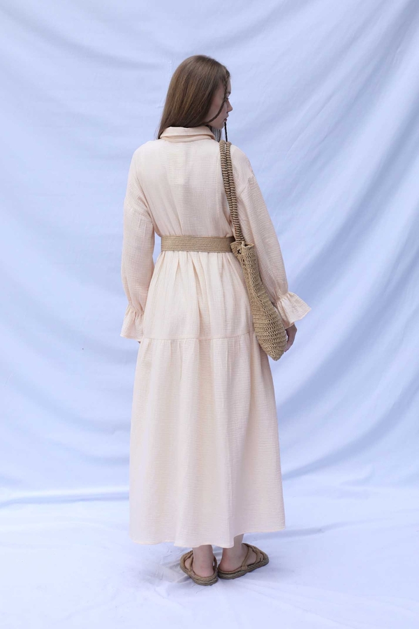 Bebe Yaka Katlı Elbise Krem - 8