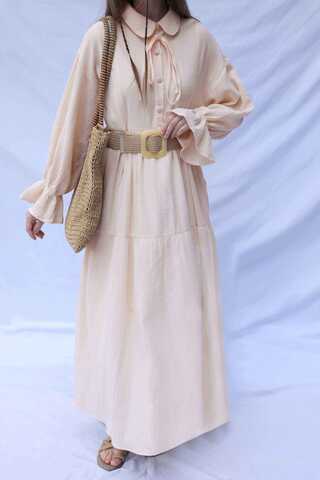 Bebe Yaka Katlı Elbise Krem - 6