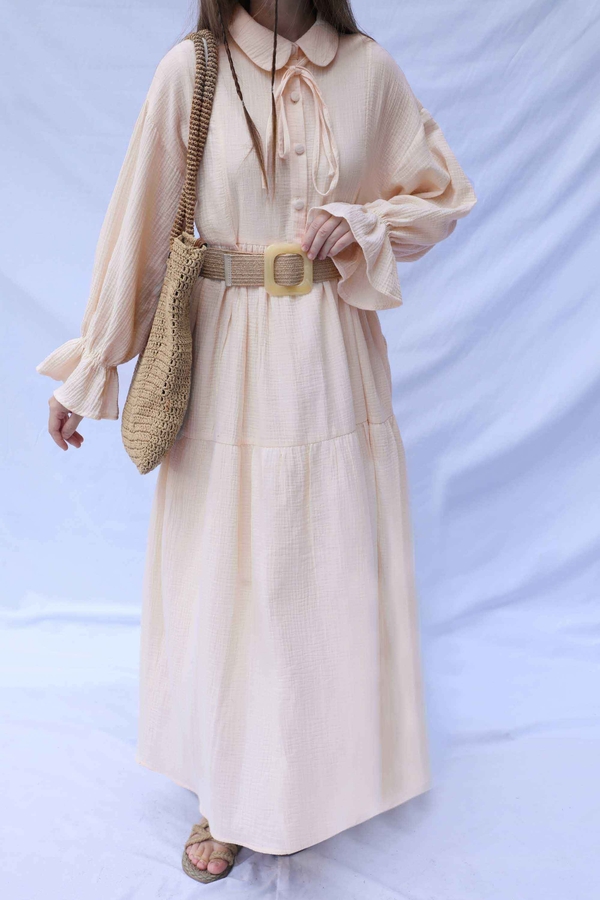 Bebe Yaka Katlı Elbise Krem - 6