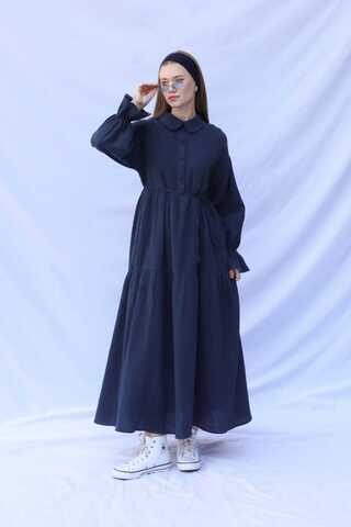 Bebe Yaka Katlı Elbise Lacivert - 1