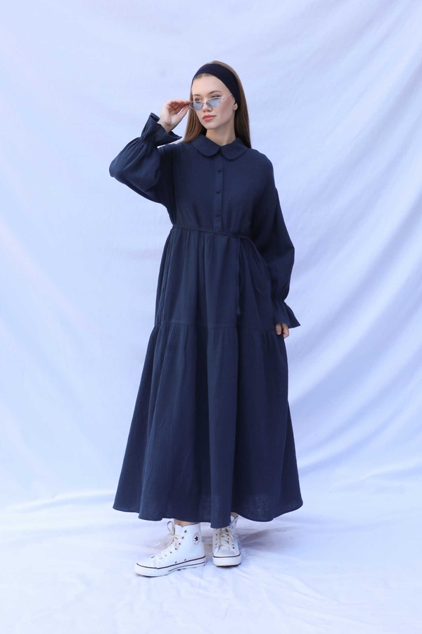 Bebe Yaka Katlı Elbise Lacivert - 1
