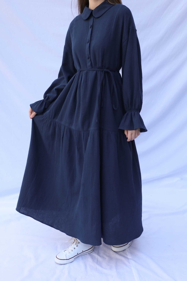 Bebe Yaka Katlı Elbise Lacivert - 4