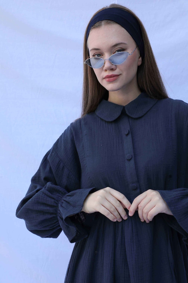 Bebe Yaka Katlı Elbise Lacivert - 6