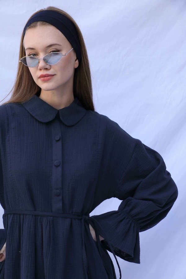 Bebe Yaka Katlı Elbise Lacivert - 7