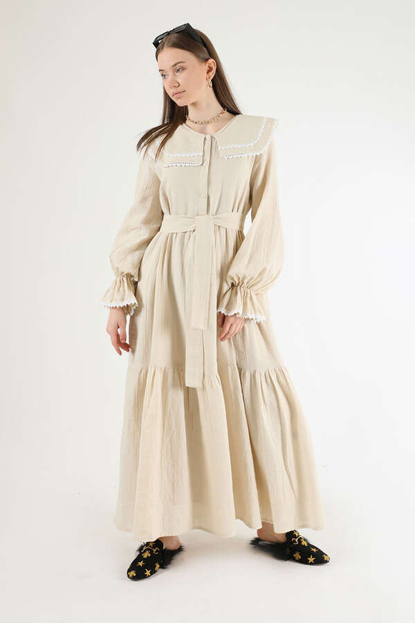 Bebe Yaka Kuşaklı Elbise Taş - 1