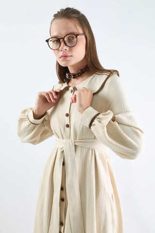 Bebe Yaka Müslin Elbise Krem - 5
