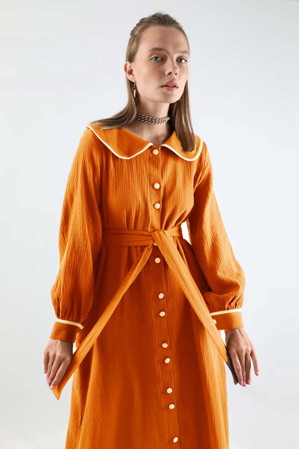 Bebe Yaka Müslin Elbise Oranj - 4