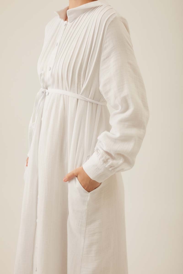 Bebe Yaka Nervürlü Müslin Elbise Beyaz - 3