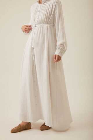 Bebe Yaka Nervürlü Müslin Elbise Beyaz - 5