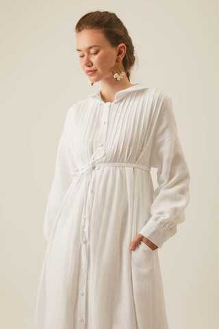 Bebe Yaka Nervürlü Müslin Elbise Beyaz - 6