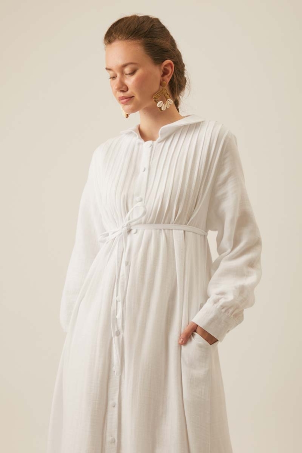 Bebe Yaka Nervürlü Müslin Elbise Beyaz - 6