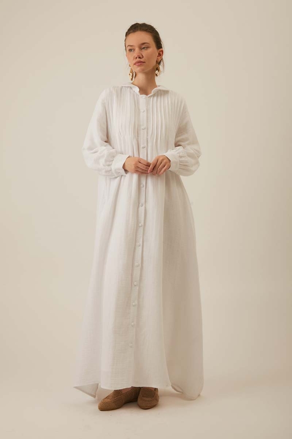 Bebe Yaka Nervürlü Müslin Elbise Beyaz - 2