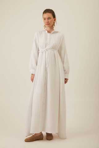 Bebe Yaka Nervürlü Müslin Elbise Beyaz - 4