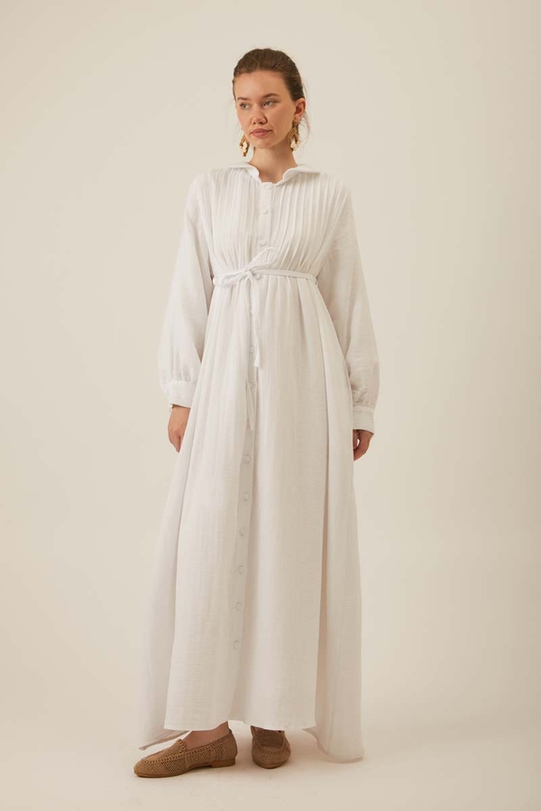 Bebe Yaka Nervürlü Müslin Elbise Beyaz - 4