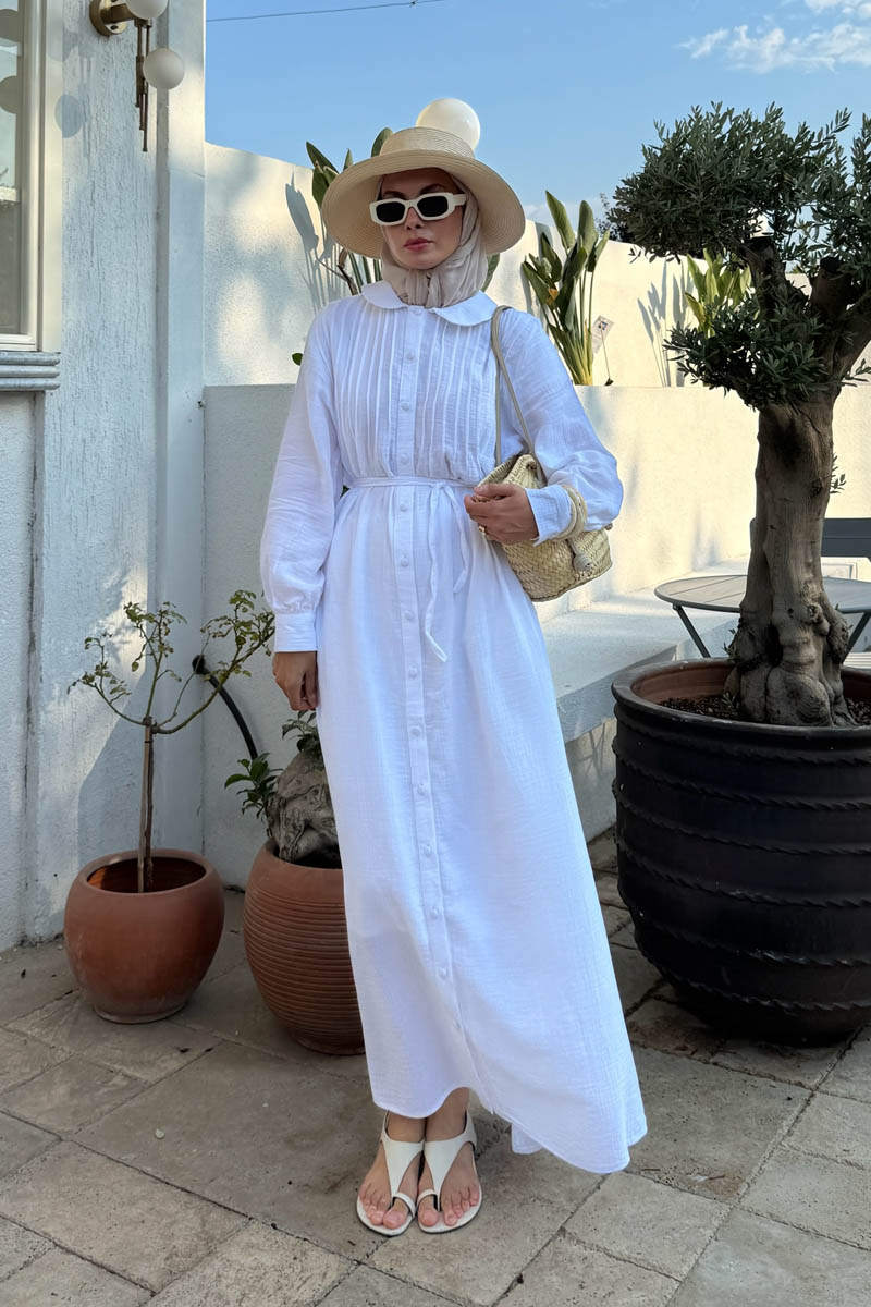 Bebe Yaka Nervürlü Müslin Elbise Beyaz