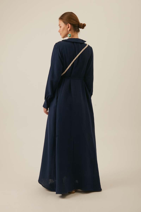 Bebe Yaka Nervürlü Müslin Elbise Lacivert - 6