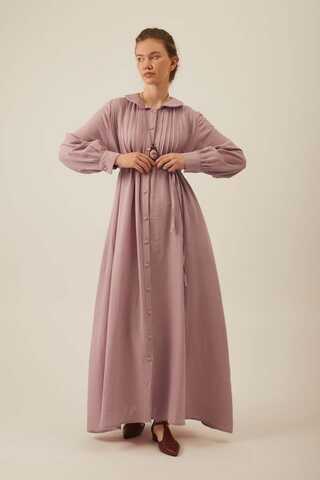 Bebe Yaka Nervürlü Müslin Elbise Pudra - 3