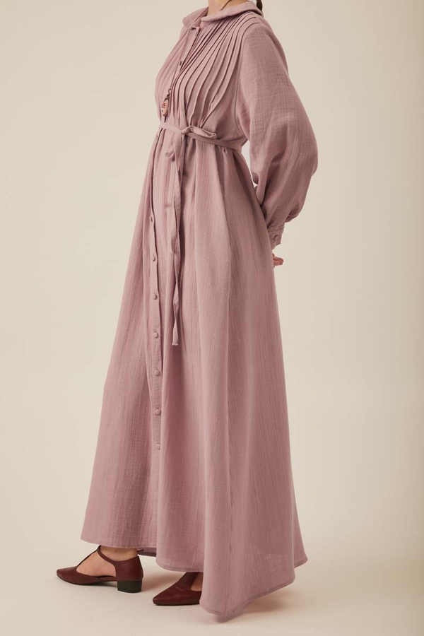 Bebe Yaka Nervürlü Müslin Elbise Pudra - 6