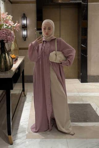 Bebe Yaka Nervürlü Müslin Elbise Pudra - 1