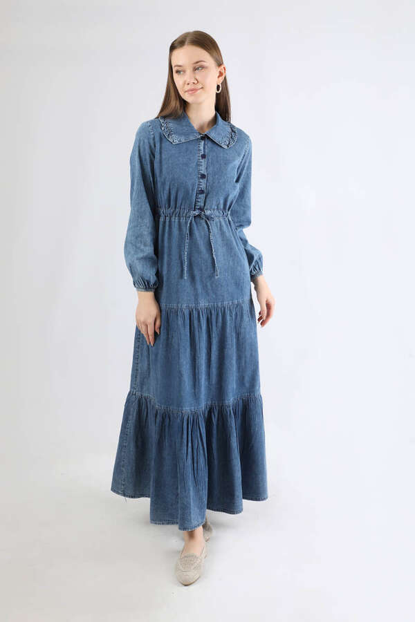 Bebe Yaka Önü Düğmeli Kot Elbise Koyu Mavi - 1