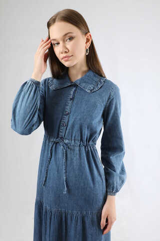 Bebe Yaka Önü Düğmeli Kot Elbise Koyu Mavi - 2