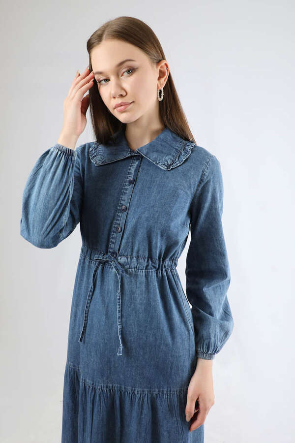 Bebe Yaka Önü Düğmeli Kot Elbise Koyu Mavi - 2