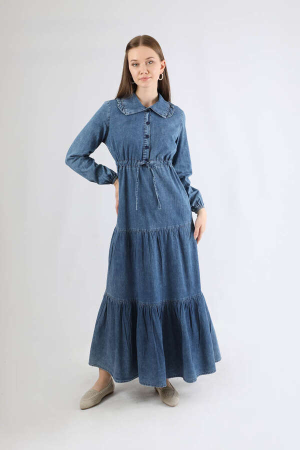 Bebe Yaka Önü Düğmeli Kot Elbise Koyu Mavi - 3