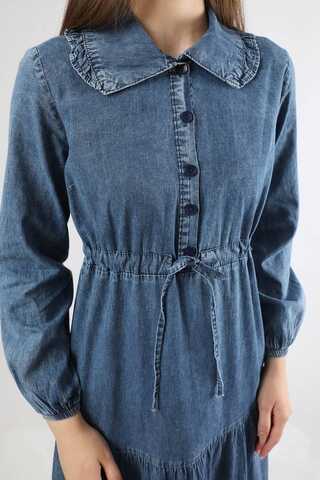 Bebe Yaka Önü Düğmeli Kot Elbise Koyu Mavi - 4