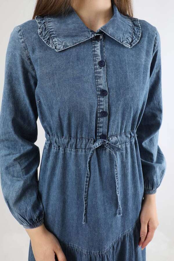 Bebe Yaka Önü Düğmeli Kot Elbise Koyu Mavi - 4