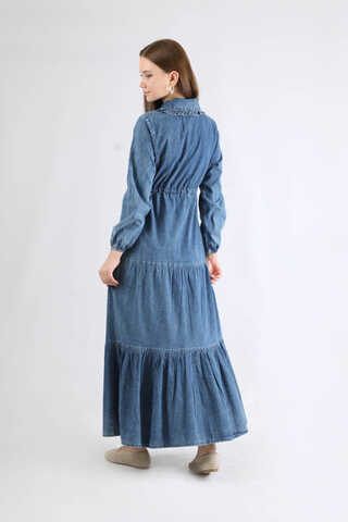 Bebe Yaka Önü Düğmeli Kot Elbise Koyu Mavi - 5