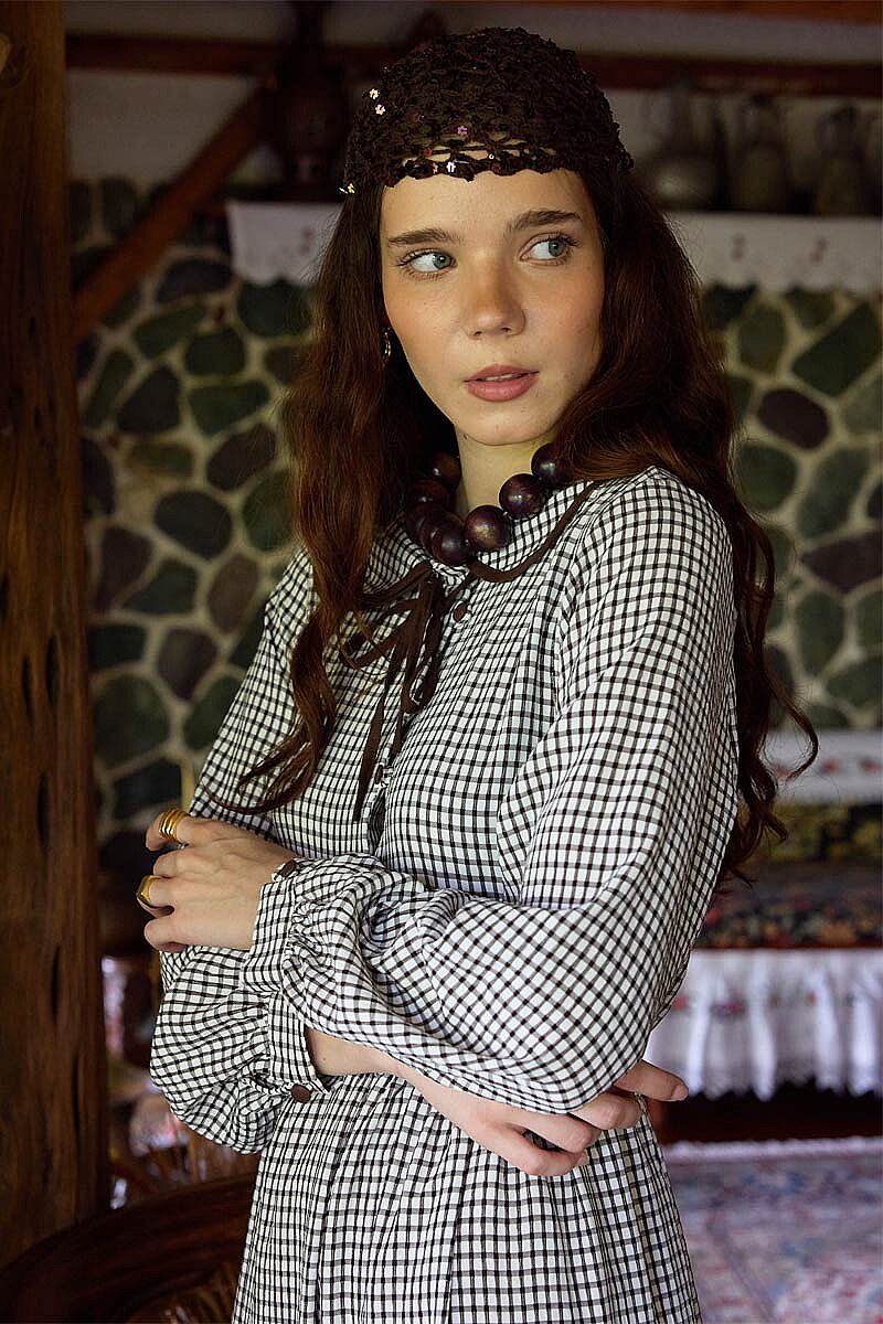 Bebe Yakalı Ekose Elbise Kahve - 2