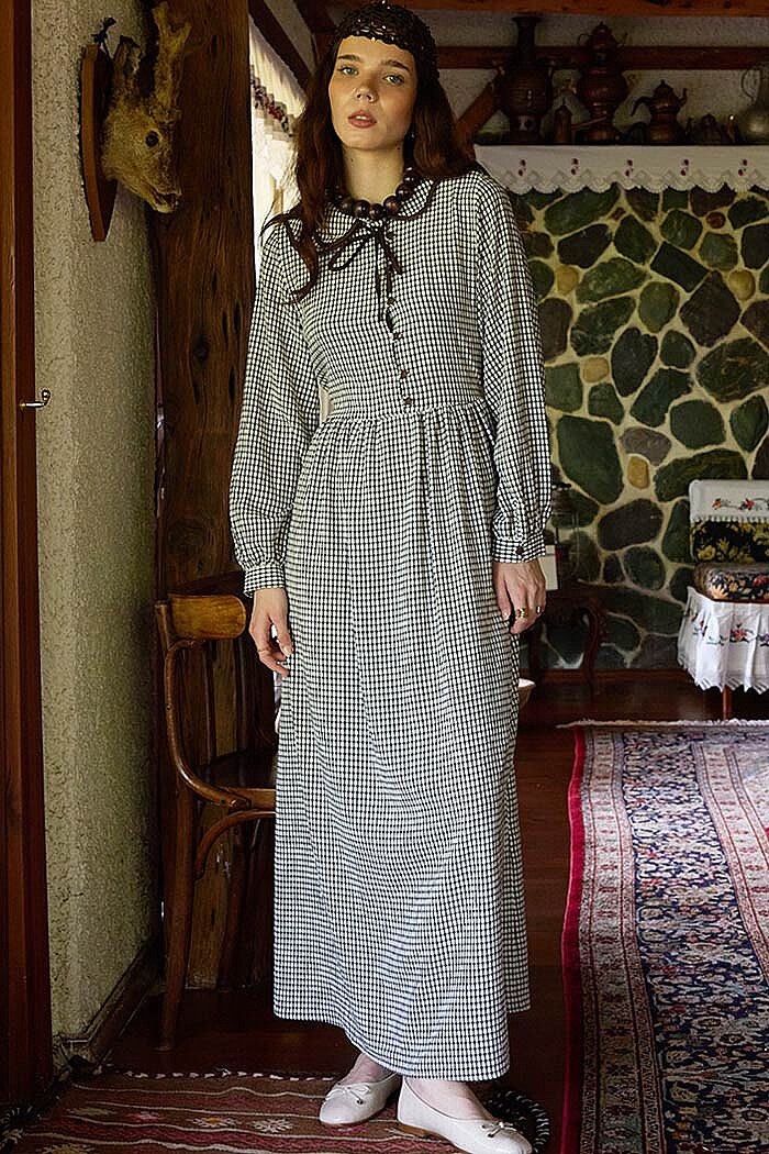 Bebe Yakalı Ekose Elbise Kahve - 6