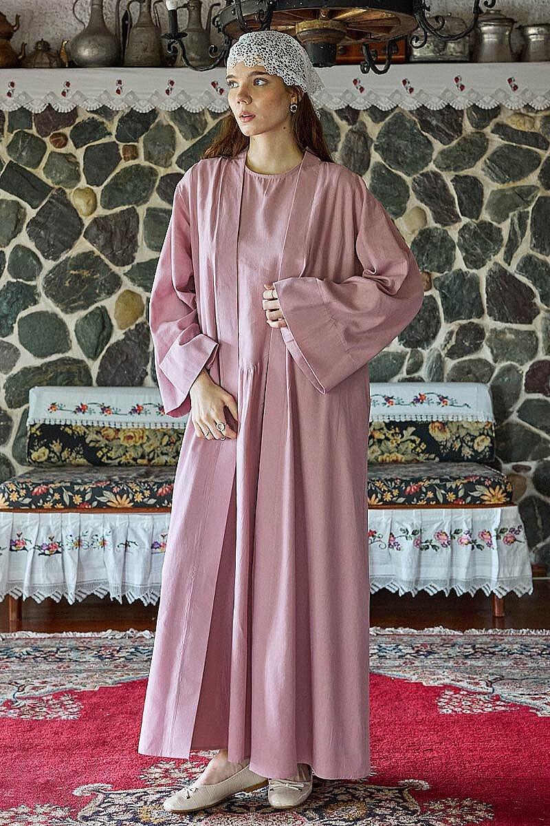 Belden Bağlamalı Abaya Pembe