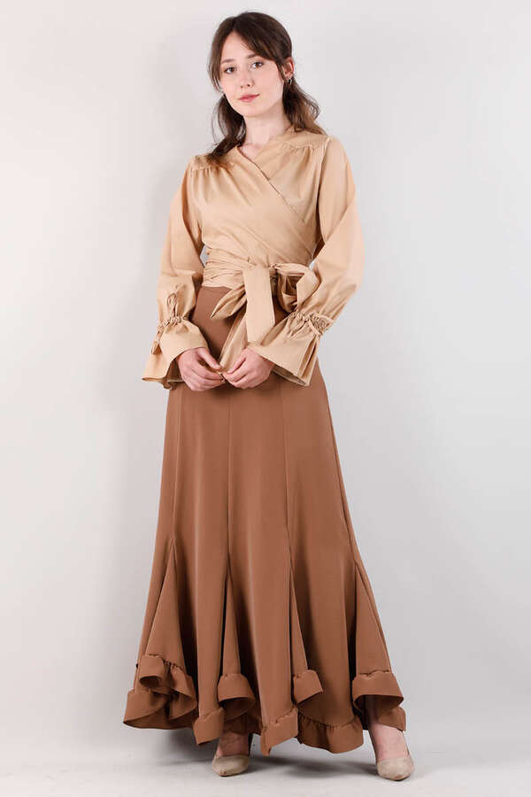 Belden Bağlamalı Crop Gömlek Camel - 2