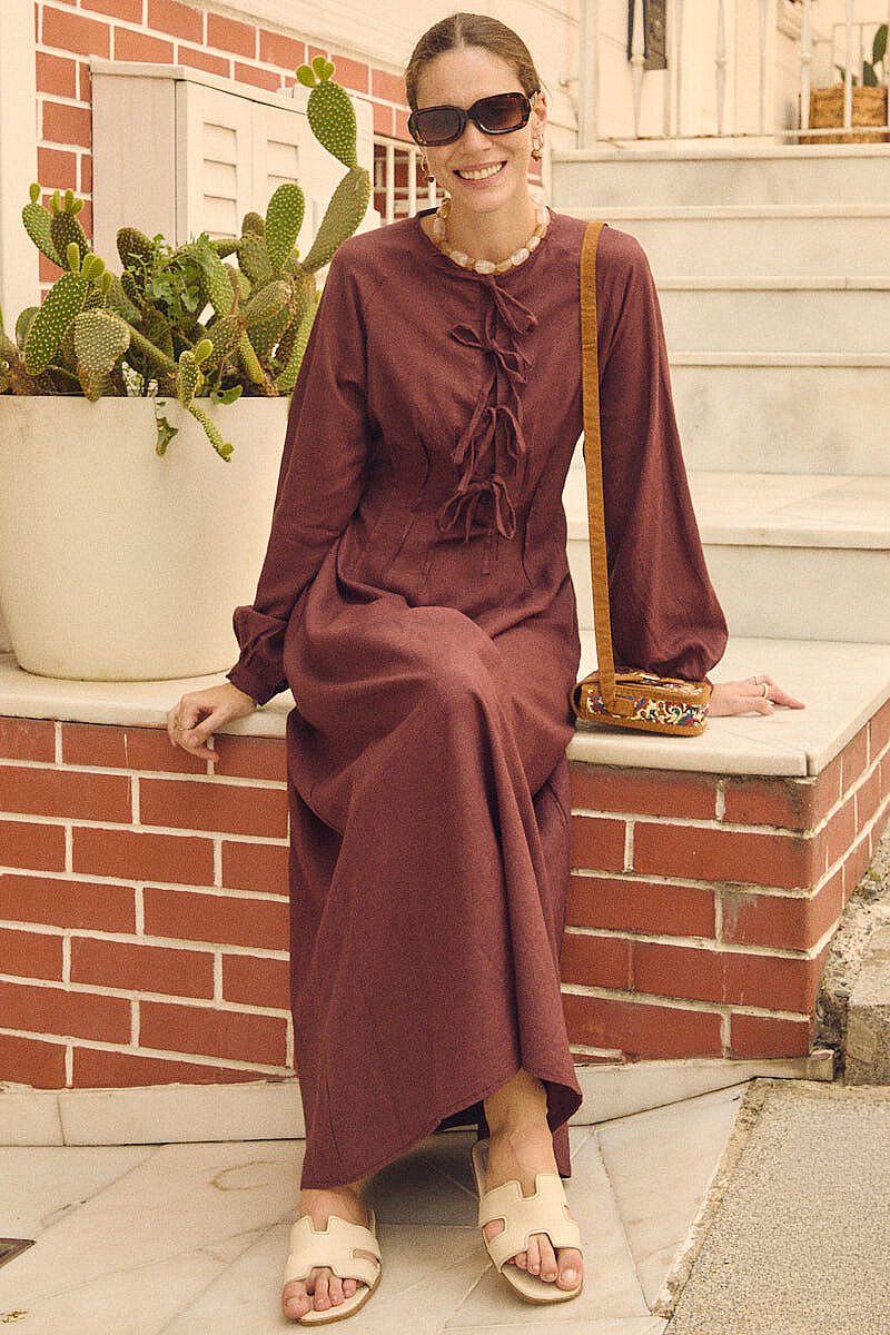 Belden Bağlamalı Nervürlü Keten Elbise Bordo - 3