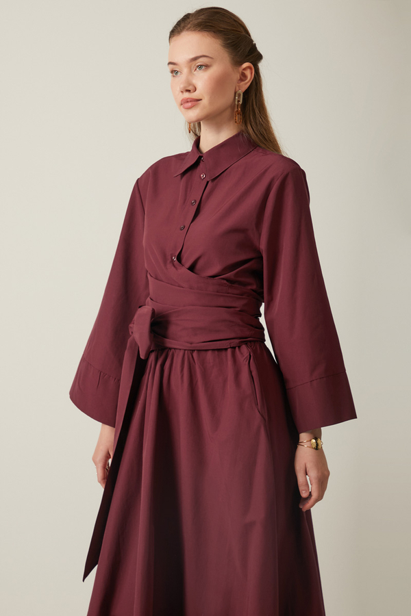 Belden Bağlamalı Poplin Etek Takım Bordo - 3
