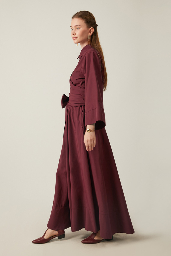 Belden Bağlamalı Poplin Etek Takım Bordo - 4