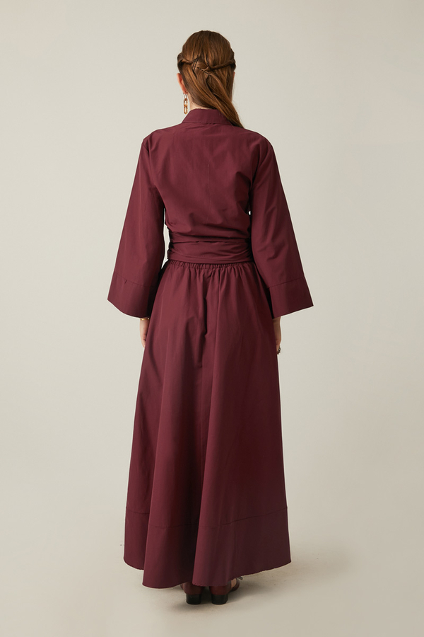 Belden Bağlamalı Poplin Etek Takım Bordo - 8