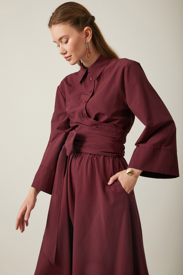Belden Bağlamalı Poplin Etek Takım Bordo - 7
