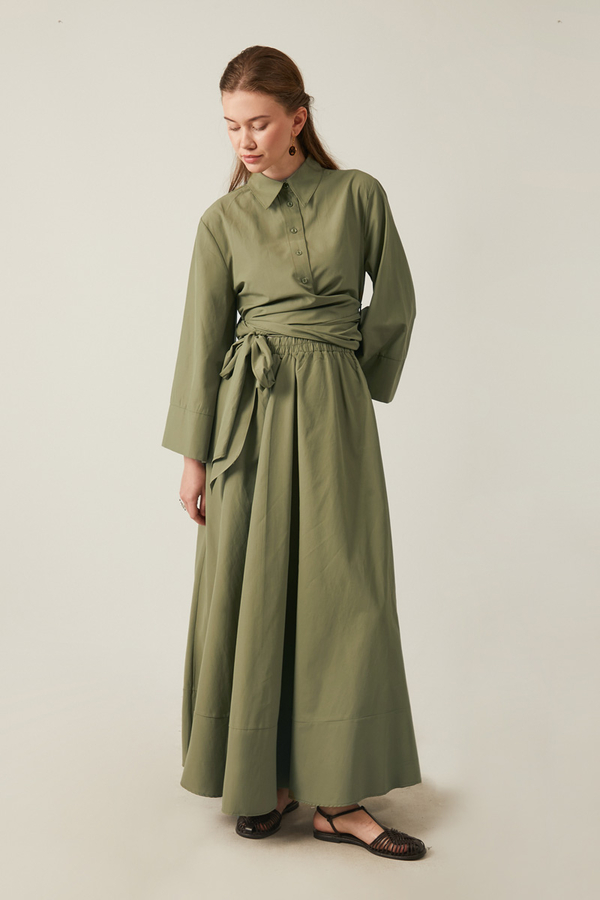 Belden Bağlamalı Poplin Etek Takım Haki - 4