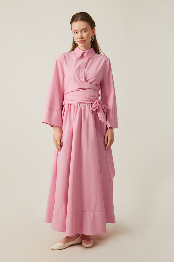 Belden Bağlamalı Poplin Etek Takım Pembe - 2