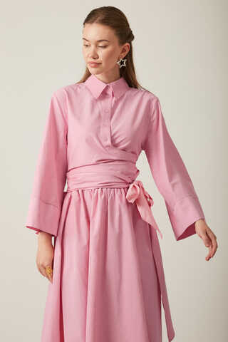Belden Bağlamalı Poplin Etek Takım Pembe - 5