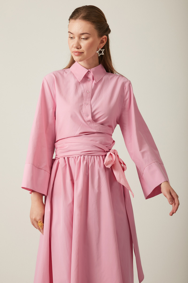 Belden Bağlamalı Poplin Etek Takım Pembe - 5