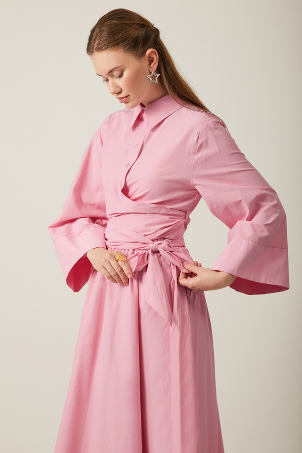 Belden Bağlamalı Poplin Etek Takım Pembe - 6