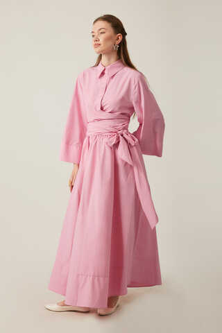 Belden Bağlamalı Poplin Etek Takım Pembe - 4