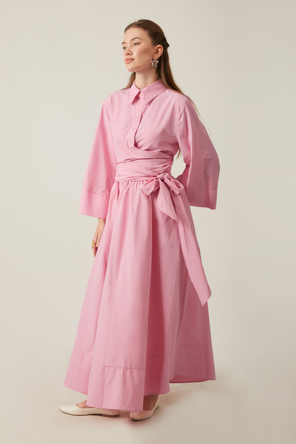Belden Bağlamalı Poplin Etek Takım Pembe - 4